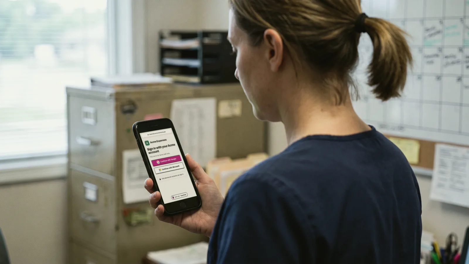 A clinic worker in scrubs opens the Acme Expenses link on her phone and sees the sign-in screen with Continue with Google and Continue with Microsoft buttons.