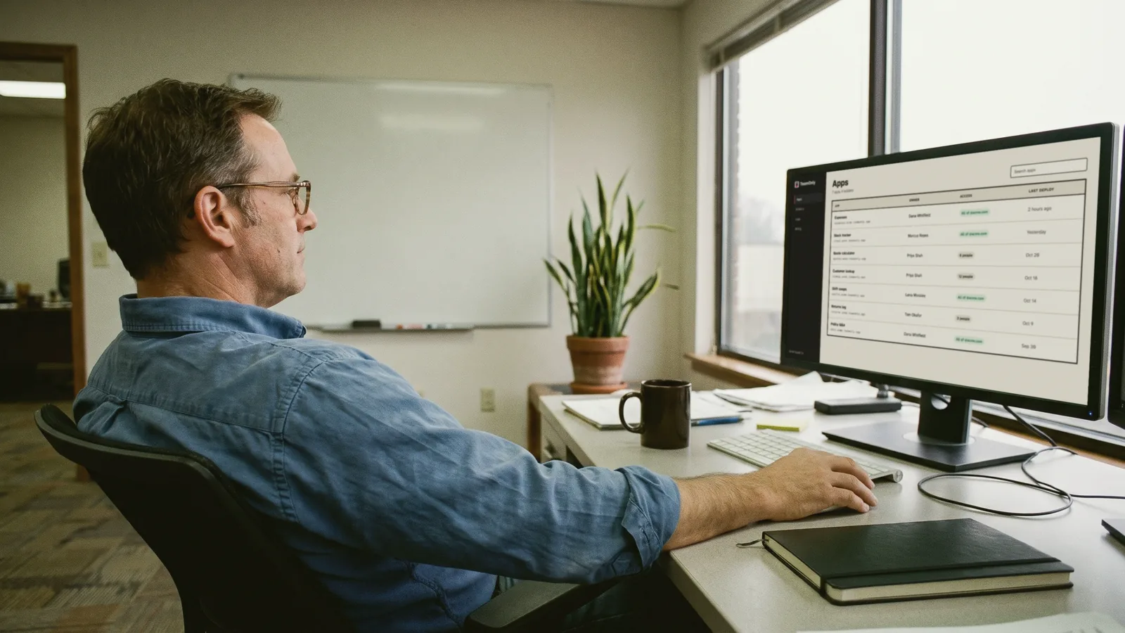 An IT manager leans back at his desk reviewing the list of company apps, with each owner, who has access and the last deploy, on a large monitor.