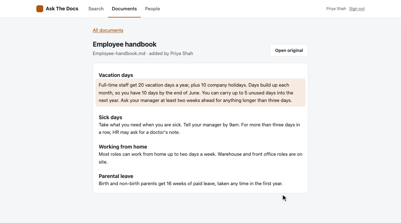 The Ask screen of the ask the docs app: the question “Can I expense a team lunch?”, a short written answer with numbered citations, and the source passages from the expense policy below it