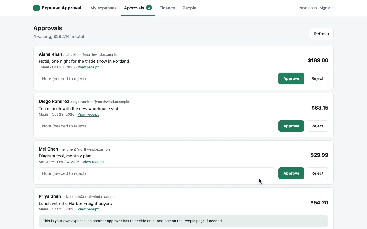 شاشة الموافقات (Approvals) في تطبيق اعتماد المصروفات: أربعة مصروفات بانتظار القرار، لكل منها الشخص والغرض والمبلغ ورابط الإيصال، وزرّا الاعتماد والرفض